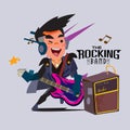 Man playing electronic guitar with amplifier .rocker character design. rock band concept - illustration