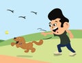 Man playing fetch with pet dog. Cute dog plating with ball. Dog Owner walking dog in park.