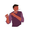 Man playing flute, male flutist holding musical instrument to blow and play classic music