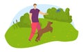 Man playing frisbee with dog in park, sunny day. Pet owner and happy dog enjoying game outdoor. Leisure time with pet Royalty Free Stock Photo