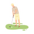Man Playing Golf, Male Golfer Training with Golf Club on Course with Green Grass, Outdoor Sport or Hobby Vector Royalty Free Stock Photo