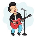 Man playing guitar, cartoon character, hand drawing, musical sticker. Boy in leather jacket holds holding a guitar and sings into Royalty Free Stock Photo