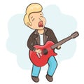 Man playing guitar, cartoon character, linear hand drawing, musical sticker. Cute funny boy in leather jacket holds holding a Royalty Free Stock Photo