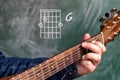 Man playing guitar chords displayed on a blackboard, Chord G Royalty Free Stock Photo