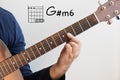 Man playing guitar chords displayed on Whiteboard, Chord G sharp minor G m Royalty Free Stock Photo