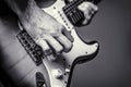 Man playing guitar. Close up hand playing guitar. Musician playing guitar, live music. Musical instrument. Black and Royalty Free Stock Photo