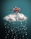 Man playing guitar on a cloud and rains with music notes.