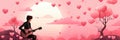 A man playing guitar in front of pink hearts, AI Royalty Free Stock Photo