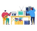 Man playing guitar sitting, another man tunes vintage radio. Musicians sharing hobbies and music equipment vector