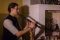 Man playing japanese bamboo flute - shakuhachi Royalty Free Stock Photo