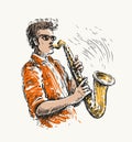 Man playing saxophone. Solo melodic performance vector illustration