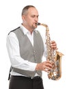 Man playing saxophone on white isolated background close-up Royalty Free Stock Photo