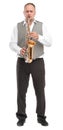 Man playing saxophone on white isolated background in full length Royalty Free Stock Photo