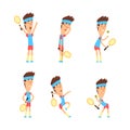 Man Playing Tennis with Ball and Racket Training and Practicing Vector Set Royalty Free Stock Photo