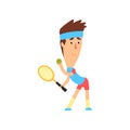 Man playing tennis. Young player in blue t-shirt, headband and red shorts with racket and ball in hands. Active sports Royalty Free Stock Photo