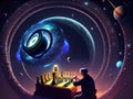 A man playing 3D chess, with a strange outer space background, generated by AI.