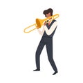 Man Playing Trombone, Male Jazz Musician Character in Elegant Clothes with Blow Musical Instrument Vector Illustration Royalty Free Stock Photo
