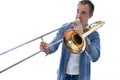 Man playing trombone with white isolated background Royalty Free Stock Photo