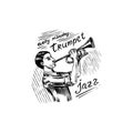 Man playing the trumpet. Jazz performer. The musician plays the instrument. Engraved hand drawn, vintage sketch for Royalty Free Stock Photo