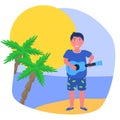 Man playing the ukulele on the beach. Sunshine on the beach with palm, sea and playing hawaii guitar. Vector travel illustration