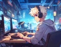 Man Playing Video Games and Coding Software in Anime Style Illustration Royalty Free Stock Photo