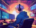 Man Playing Video Games and Coding Software in Anime Style Illustration Royalty Free Stock Photo