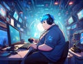 Man Playing Video Games and Coding Software in Anime Style Illustration Royalty Free Stock Photo