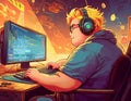 Man Playing Video Games and Coding Software in Anime Style Illustration Royalty Free Stock Photo