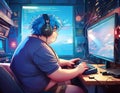 Man Playing Video Games and Coding Software in Anime Style Illustration Royalty Free Stock Photo