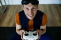 Man Playing Video Games Virtual Reality Glasses In His Apartment. Royalty Free Stock Photo