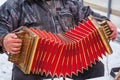 a man plays a bright harmonica on the street in winter, a street musician. An ancient musical instrument. Royalty Free Stock Photo