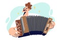 Man plays button accordion and sings songs to amuse visitors to concert of rare musical instruments