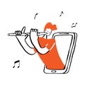 A man plays the flute inside the phone. Flute teacher. Online music lessons.