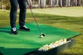 Man plays golf standing on artificial grass in sunny park Royalty Free Stock Photo