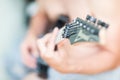 Man plays guitar defocus clear guitar pins Royalty Free Stock Photo