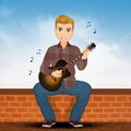 Man plays guitar sitting on the wall Royalty Free Stock Photo