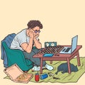 A man plays online chess with a virtual opponent