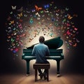 Man plays piano, multi-colored beautiful butterflies fly out of piano, magic power of music,