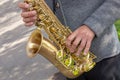 Man plays on saxophone in the park. Street musician with sax performs music for charity. Public solo performance by wind Royalty Free Stock Photo
