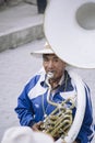 A man plays the sousaphone during the festival in honour of the Santiago Apostle, Patron Saint of Quime, Bolivia Royalty Free Stock Photo