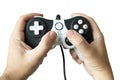man plays video games with the console. Hands with game pad isolated white background. Gaming concept. Royalty Free Stock Photo