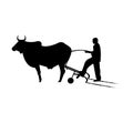 Man ploughing with plough and cow logo sign on white