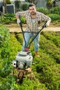 Man plowing beds with walking tractor Royalty Free Stock Photo
