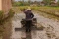 A man plows a village rice field on Java after harvesting with a plow Royalty Free Stock Photo