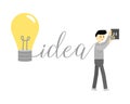 man plugs into wall outlet for turn on the light. plugging and make the idea happen. Creative thinking, Create new idea concept Royalty Free Stock Photo