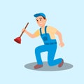 Man Plumber Cartoon Character Holding Plunger Tool