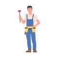 Man Plumber Standing with Plunger for Working and Fixing Vector Illustration