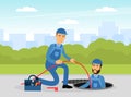 Man Plumber Wearing Blue Overall Holding Hose Looking Out Manhole Engaged in Fixing Tubes and Pipe Lines Vector Royalty Free Stock Photo