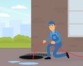 Man Plumber Wearing Blue Overall Holding Hosepipe Standing Near Manhole Engaged in Fixing Tubes and Pipe Lines Vector Royalty Free Stock Photo