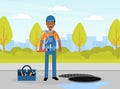 Man Plumber Wearing Blue Overall Holding Hosepipe Standing Near Manhole Engaged in Fixing Tubes and Pipe Lines Vector Royalty Free Stock Photo